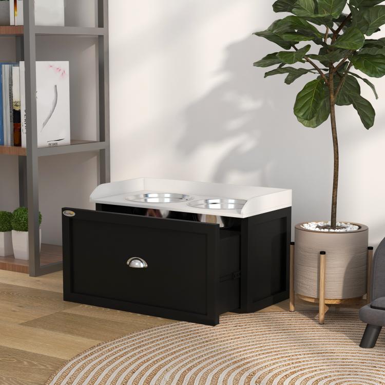 Pet feeding station with two stainless bowls and storage drawer, black and white finish