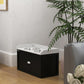 Pet feeding station with two stainless bowls and storage drawer, corner view
