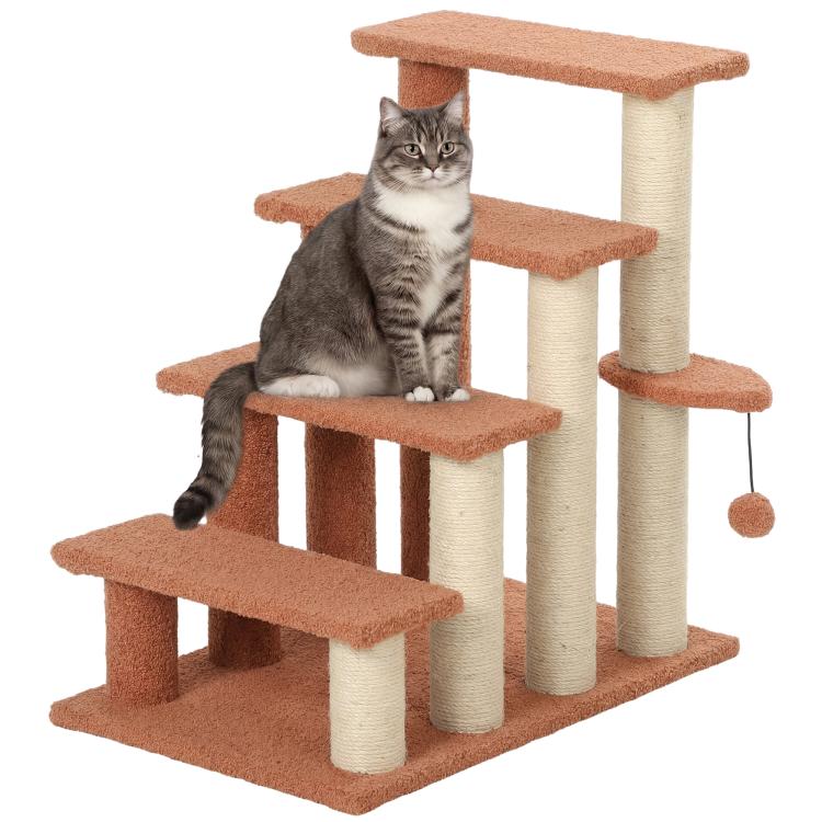 Brown 4-level cat step with carpeted platforms and sisal posts