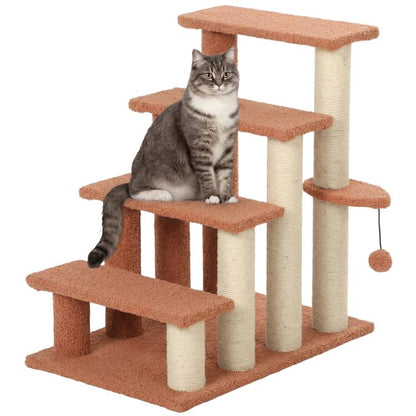 Brown 4-level cat step with carpeted platforms and sisal posts