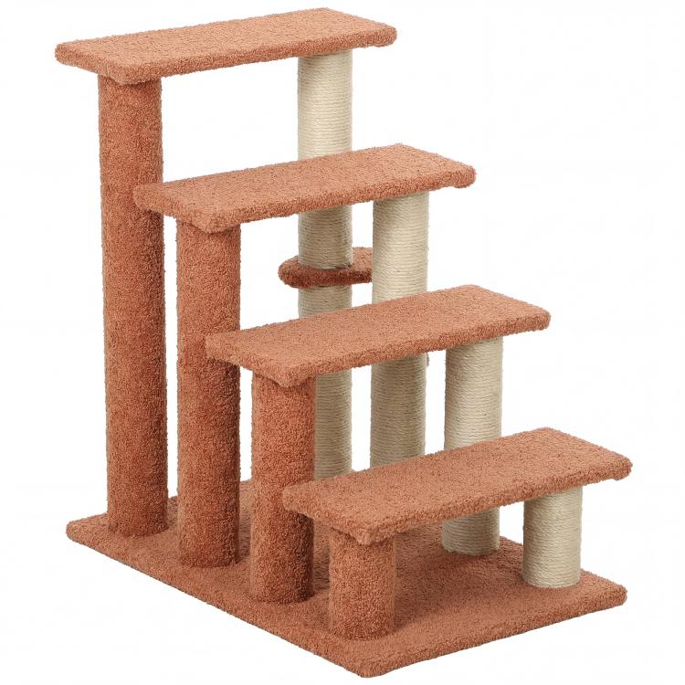 Brown 4-level cat step with stacked stairs, sisal posts, and hanging ball