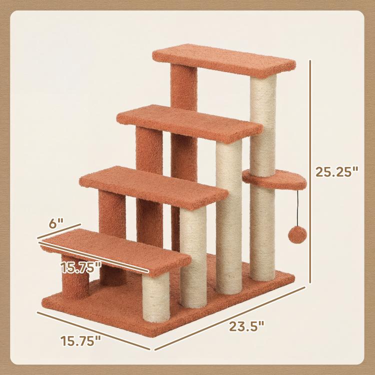 Brown 4-level cat step tower with hanging ball and four carpeted platforms