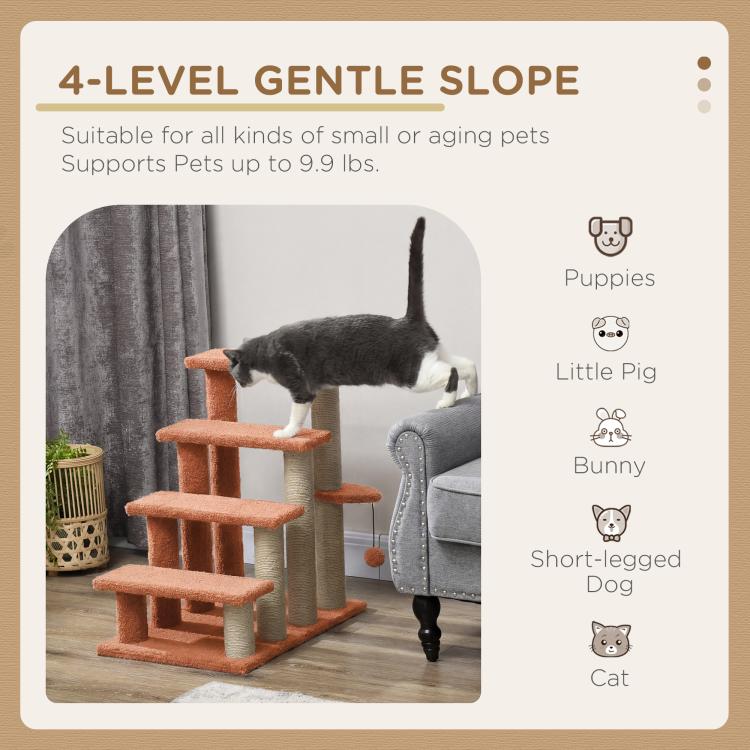 Brown 4-level cat step tower with cat on platform and dangling cat ball