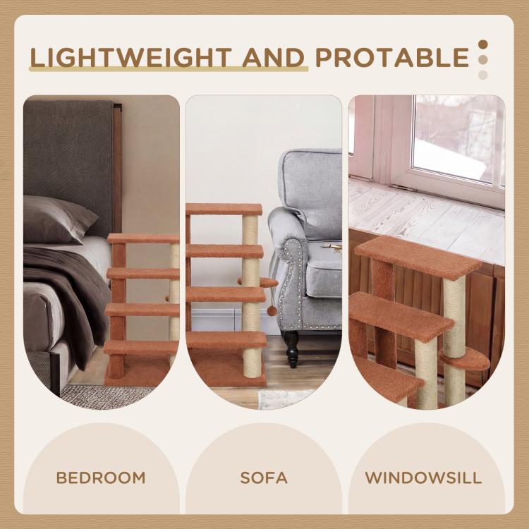 Brown cat step tower shown as pet furniture by a sofa