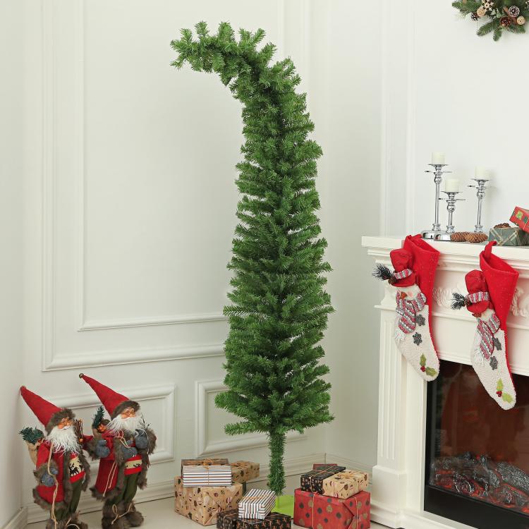 Tall green pencil artificial Christmas tree with flat metal base, upright shape