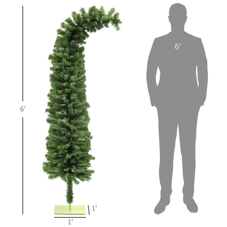 6ft green pencil artificial Christmas tree with flat metal base next to person size