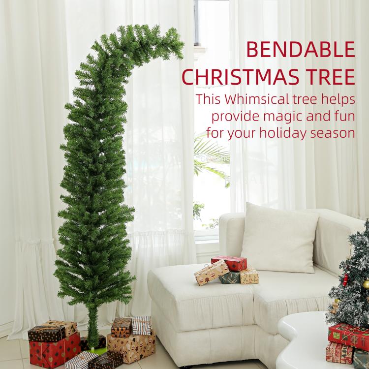 Slim green pencil artificial Christmas tree with flat metal base and dense needles