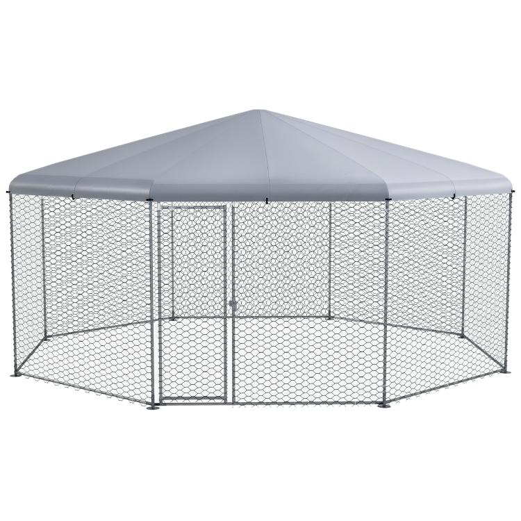 Large chicken run with gray dome cover and hex wire mesh fencing