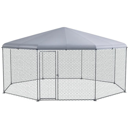 Large chicken run with gray dome cover and hex wire mesh fencing
