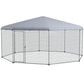 Chicken run enclosure with gray canopy top and secure metal wire mesh panels