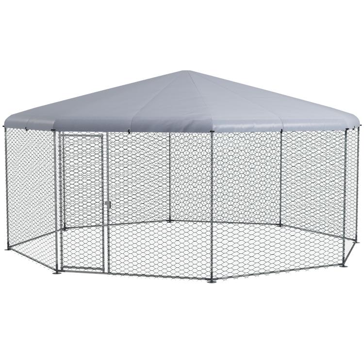 Chicken run enclosure with gray canopy top and secure metal wire mesh panels