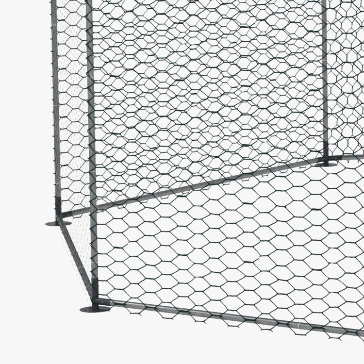 Metal wire chicken run enclosure with mesh panels and corner posts