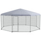 Covered metal wire chicken run with mesh walls and peaked roof