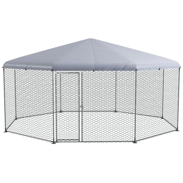Covered metal wire chicken run with mesh walls and peaked roof