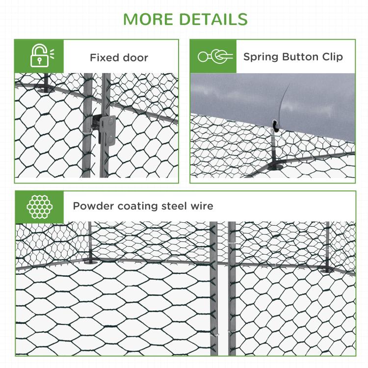 Chicken run details: fixed door latch, spring clips, and powder-coated steel wire