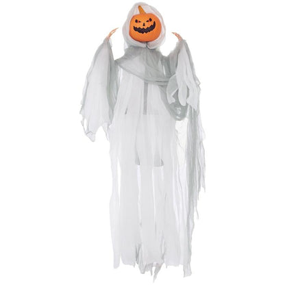 Hanging Halloween ghost pumpkin prop with orange jack-o’-lantern face and white tattered robe