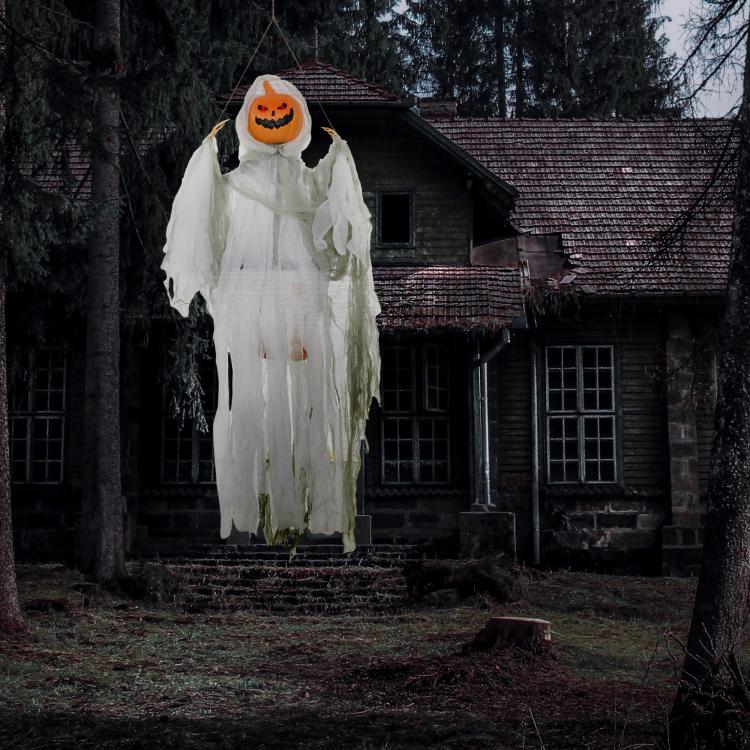 Hanging Halloween ghost pumpkin prop with orange jack-o’-lantern face and flowing white robe