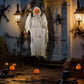 Hanging Halloween ghost pumpkin prop with orange jack-o’-lantern face and white tattered sleeves