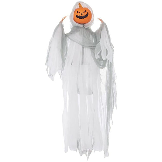 Hanging Halloween ghost pumpkin prop with orange jack-o’-lantern face and white tattered robe