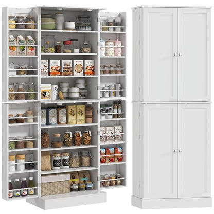 White kitchen pantry cabinet with hinged doors and multi-shelf storage compartments