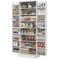 White kitchen pantry cabinet with open shelving and evenly spaced storage cubbies