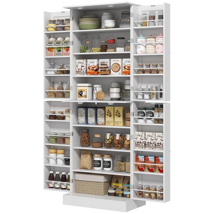 White kitchen pantry cabinet with open shelving and evenly spaced storage cubbies