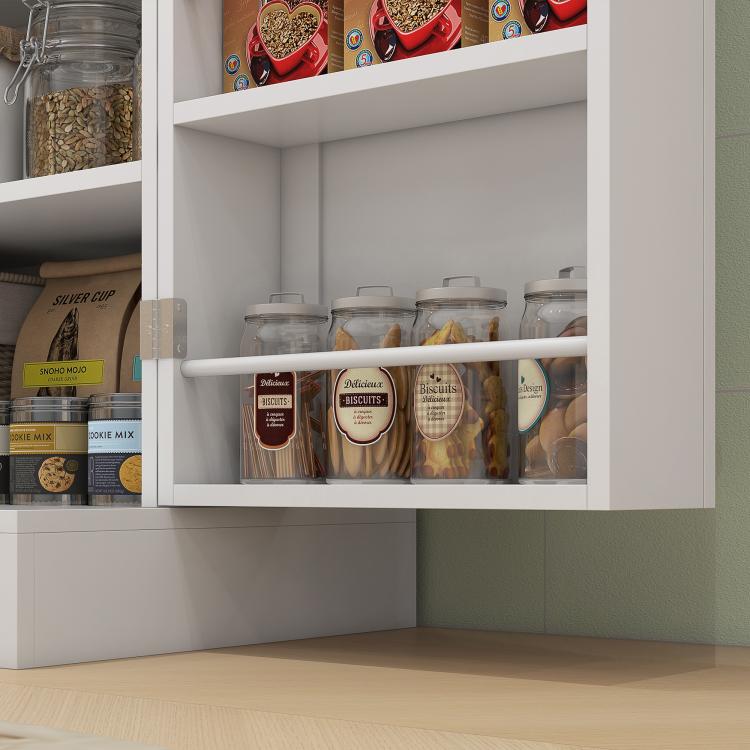 White kitchen pantry cabinet with open shelves and doors, storing jars and canisters