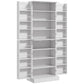 White kitchen pantry cabinet with multiple shelves and open storage doors