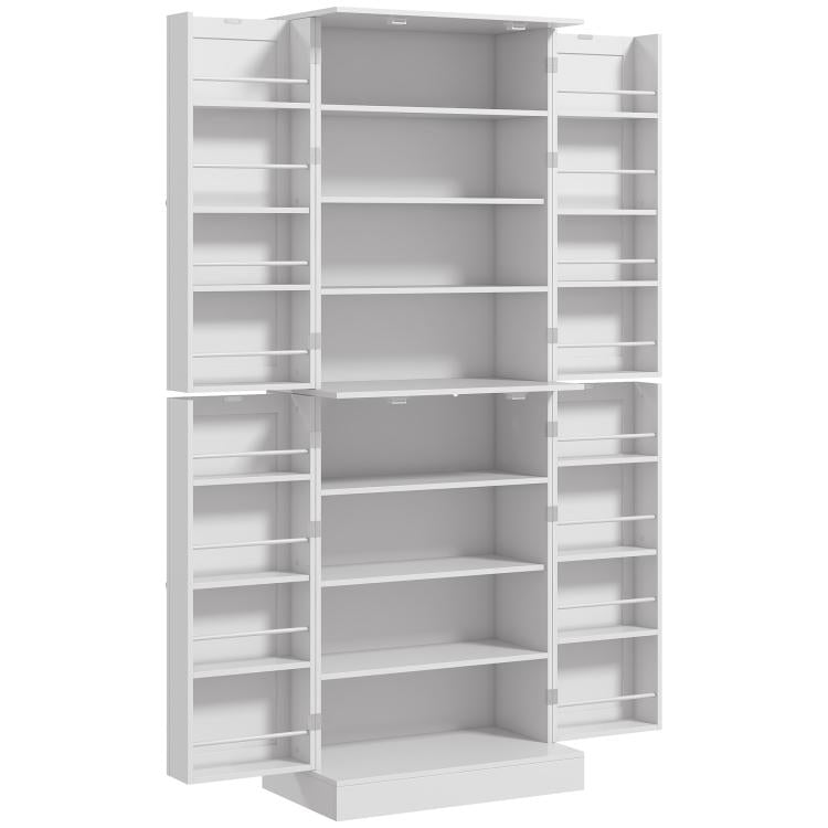 White kitchen pantry cabinet with multiple shelves and open storage doors
