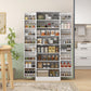 White kitchen pantry cabinet with open shelves and door section for pantry items