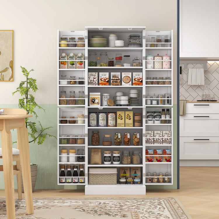White kitchen pantry cabinet with open shelves and door section for pantry items