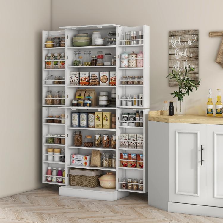 White kitchen pantry cabinet with open display shelves and lower cabinet storage