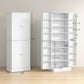 White kitchen pantry cabinet side view with built-in interior shelves and doors