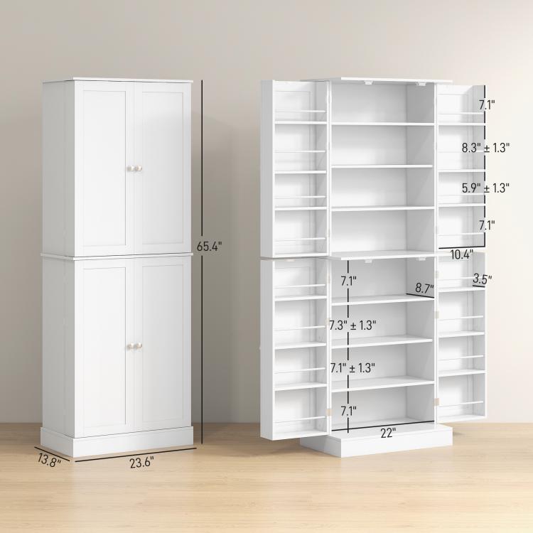 White kitchen pantry cabinet side view with built-in interior shelves and doors