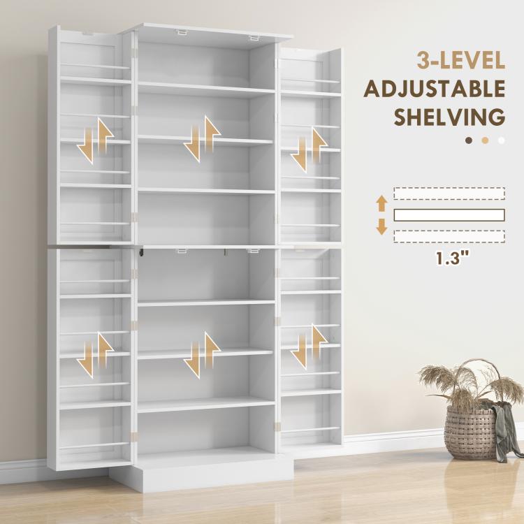 White pantry cabinet with 3-level adjustable shelving inside open compartments
