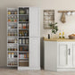 White kitchen pantry cabinet with one door section and open shelves for storage