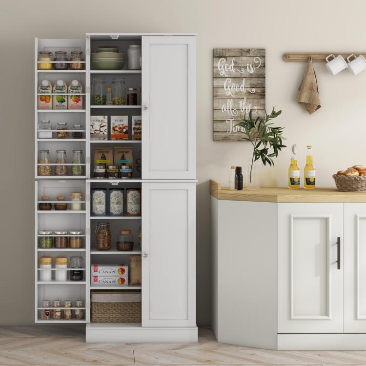 White kitchen pantry cabinet with one door section and open shelves for storage
