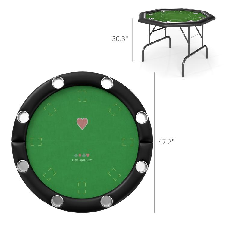 Round poker table with green felt, black rim and cup holes, 47 in diameter