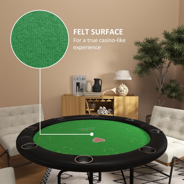 Round poker table with green felt and built-in cup holders on black frame