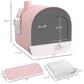 Pink cat litter box with dimensions view, scoop accessory, and slide-out tray