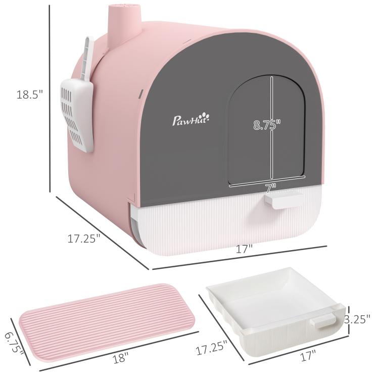 Pink cat litter box with dimensions view, scoop accessory, and slide-out tray