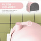 Pink cat litter box with filter area on top and enclosed front entry