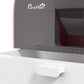Close-up of slide-out tray and front opening of pink covered cat litter box