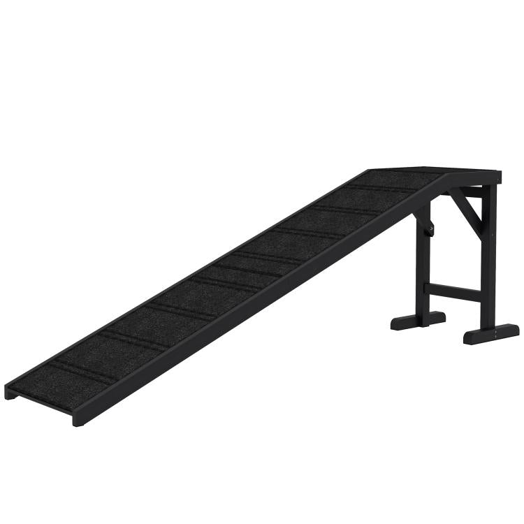 Black dog ramp with anti-slip carpet and side frame legs, top platform visible