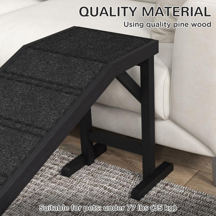Black dog ramp featuring textured carpet tread on a sturdy pine wood base frame