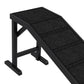 Black dog ramp with top platform and non-slip carpet tread, angled view of frame legs