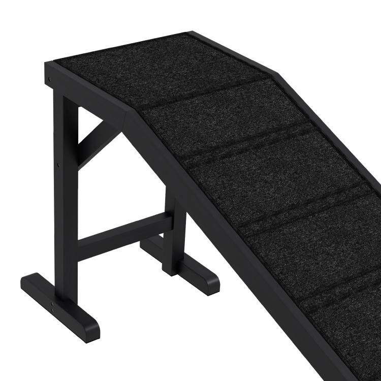 Black dog ramp with top platform and non-slip carpet tread, angled view of frame legs
