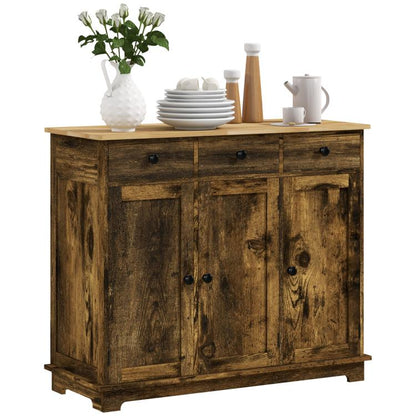 Brown wooden kitchen cabinet with solid wood top and 3 drawers