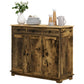Brown wooden sideboard cabinet with doors and drawers, solid wood top