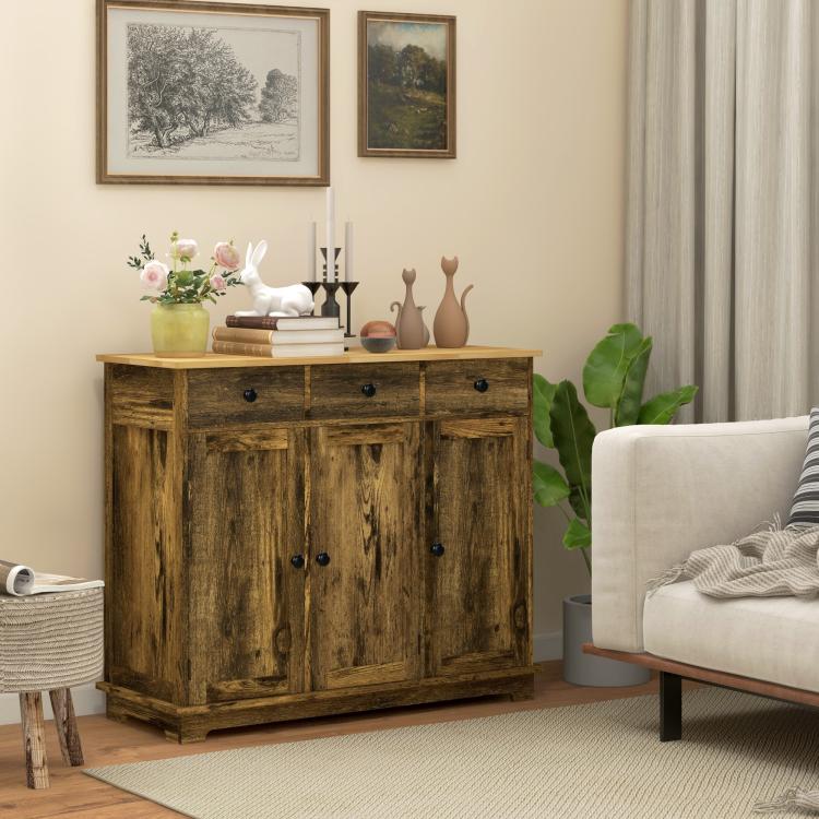 Brown wooden kitchen sideboard cabinet with two-door storage and drawers